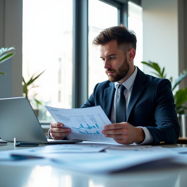 Professional studying financial charts and documents in bright office